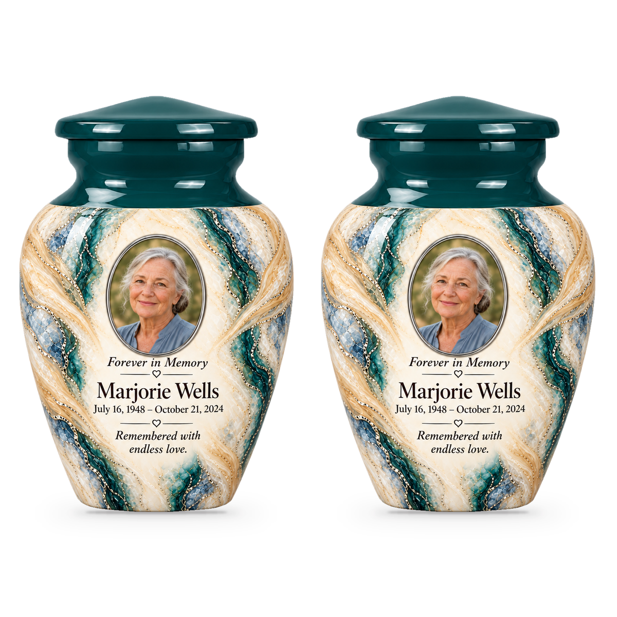 Juniper Lattice set of two keepsake urns with fictional sample photo and text.