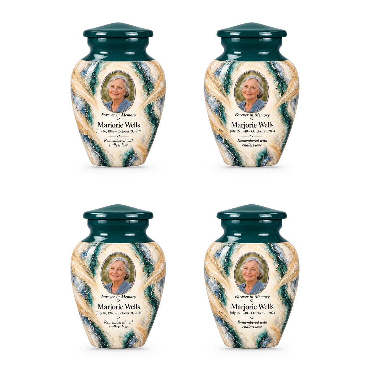 Juniper Lattice set of four keepsake urns with fictional sample photo and text.