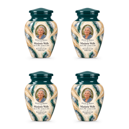 Juniper Lattice set of four keepsake urns with fictional sample photo and text.