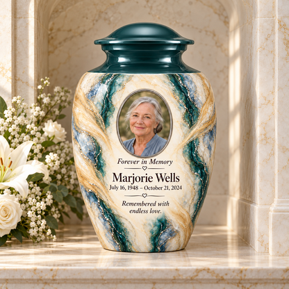 Juniper Lattice adult urn in a columbarium setting with fictional sample photo and text.