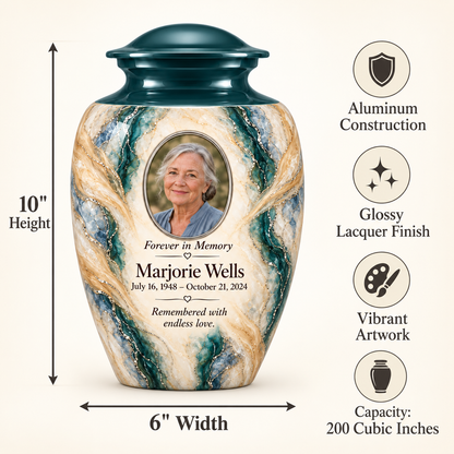Juniper Lattice adult urn size guide: 10 inches high, 6 inches wide, 200 cubic inches with fictional sample photo and text.