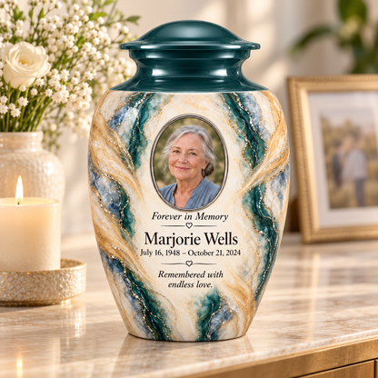 Juniper Lattice adult urn on a memorial console with fictional sample photo and text.