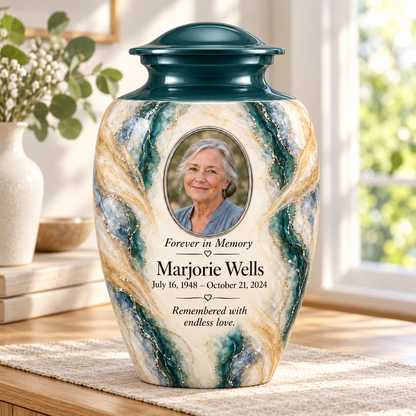 Juniper Lattice adult urn in a sunlit home with fictional sample photo and text.