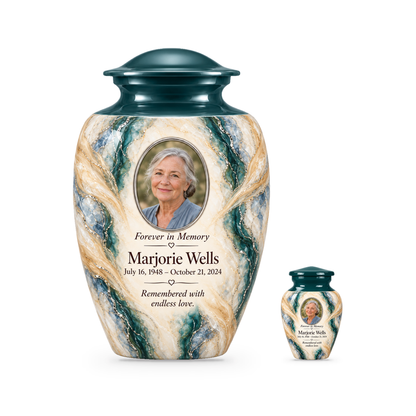 Juniper Lattice adult urn with one keepsake with fictional sample photo and text.