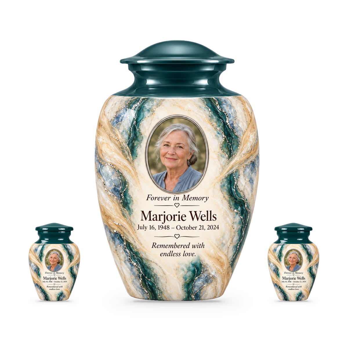 Juniper Lattice adult urn with two keepsakes with fictional sample photo and text.