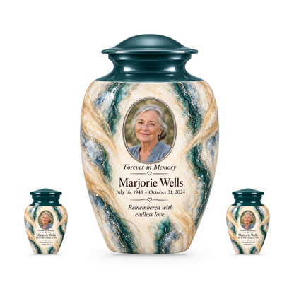 Juniper Lattice adult urn with two keepsakes with fictional sample photo and text.