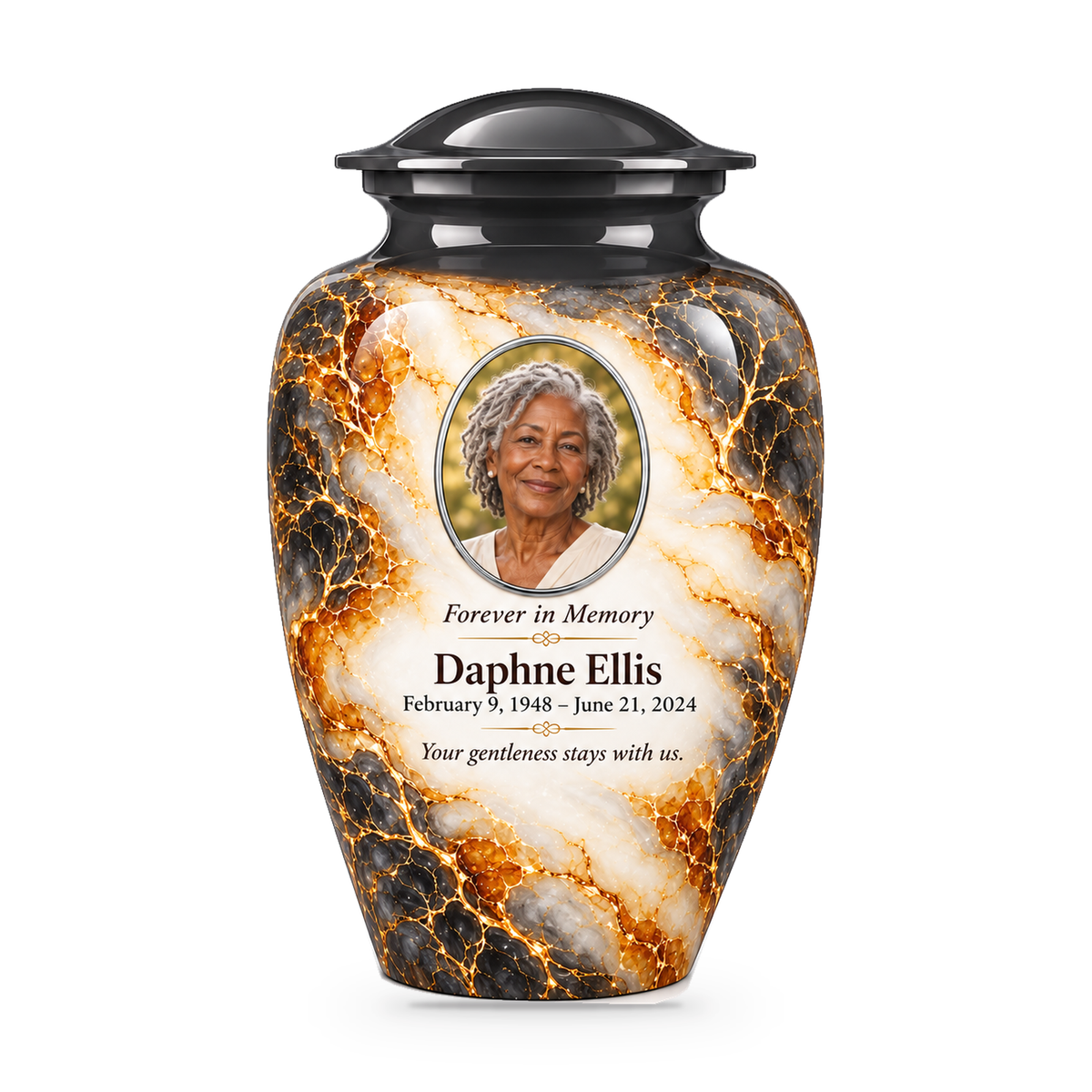 Graphite Amberlace adult urn with fictional sample photo and text.