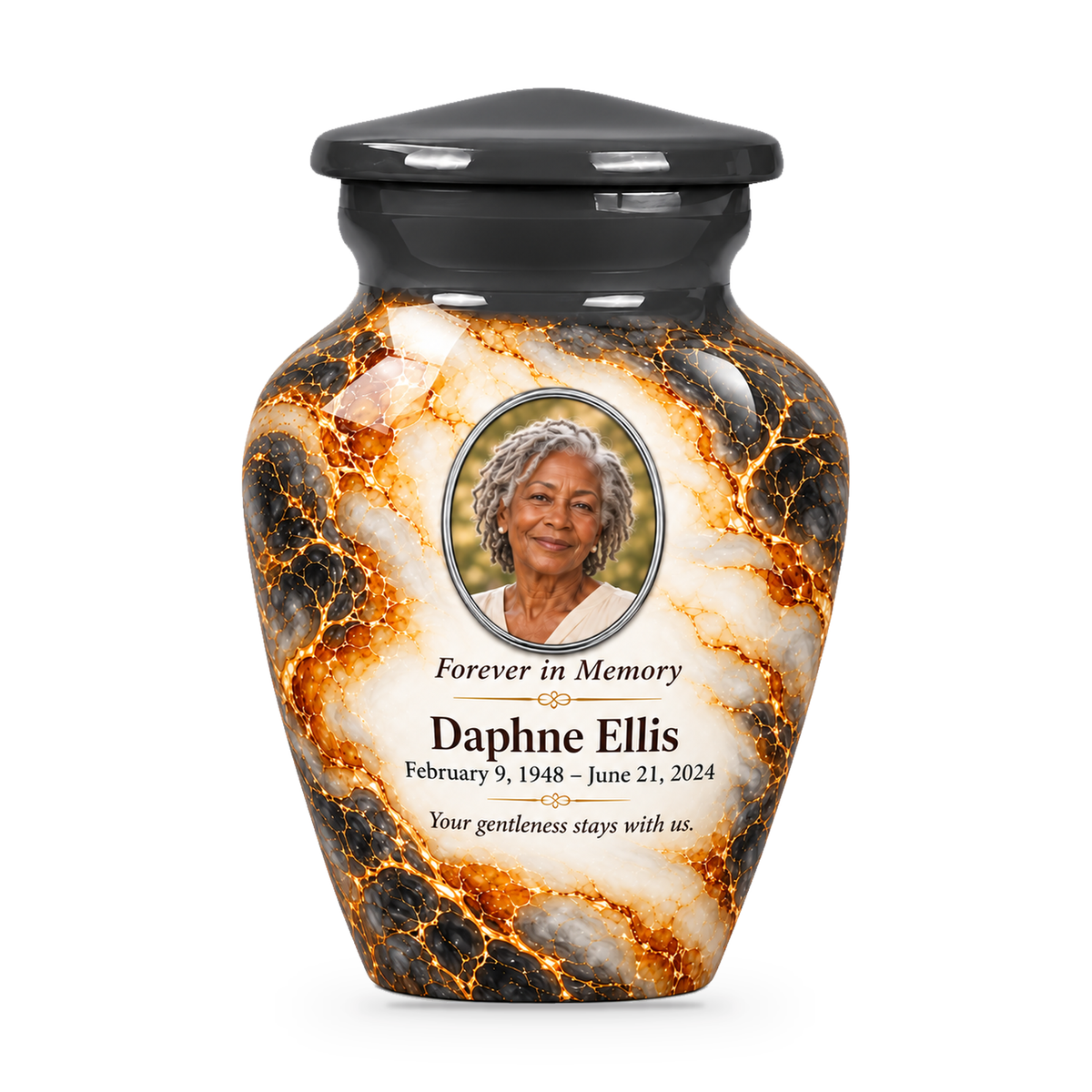 Graphite Amberlace single keepsake urn with fictional sample photo and text.
