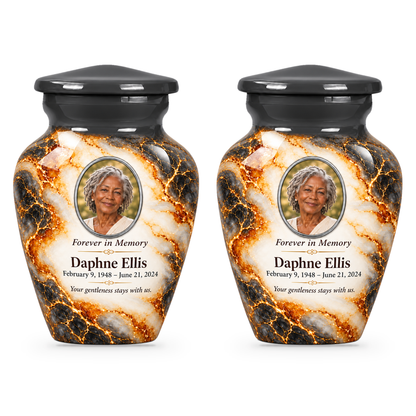 Graphite Amberlace set of two keepsake urns with fictional sample photo and text.