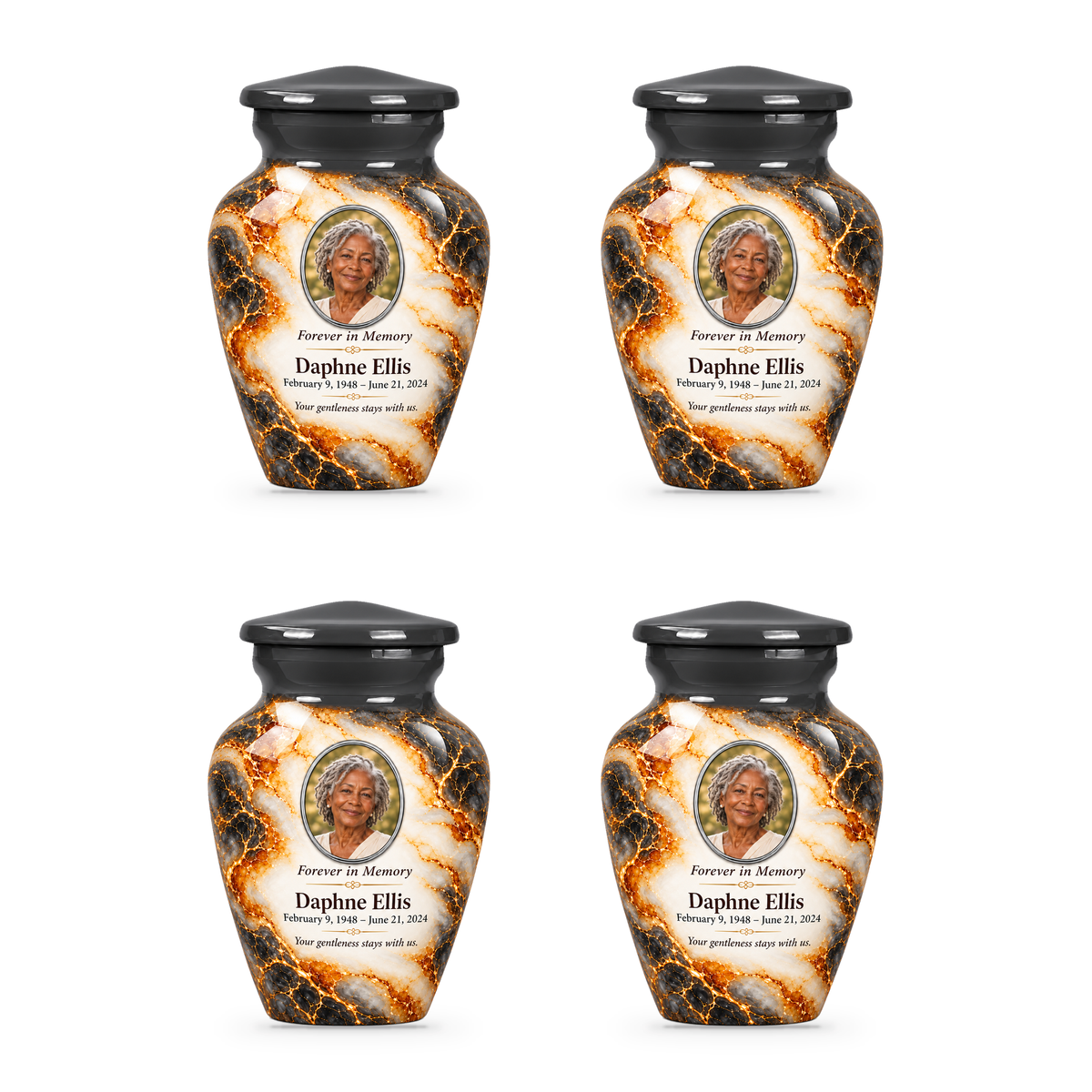 Graphite Amberlace set of four keepsake urns with fictional sample photo and text.