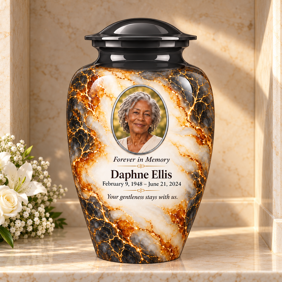 Graphite Amberlace adult urn in a columbarium setting with fictional sample photo and text.