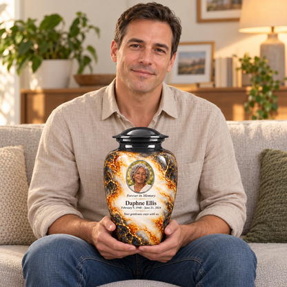 Graphite Amberlace adult urn held on a lap with fictional sample photo and text.