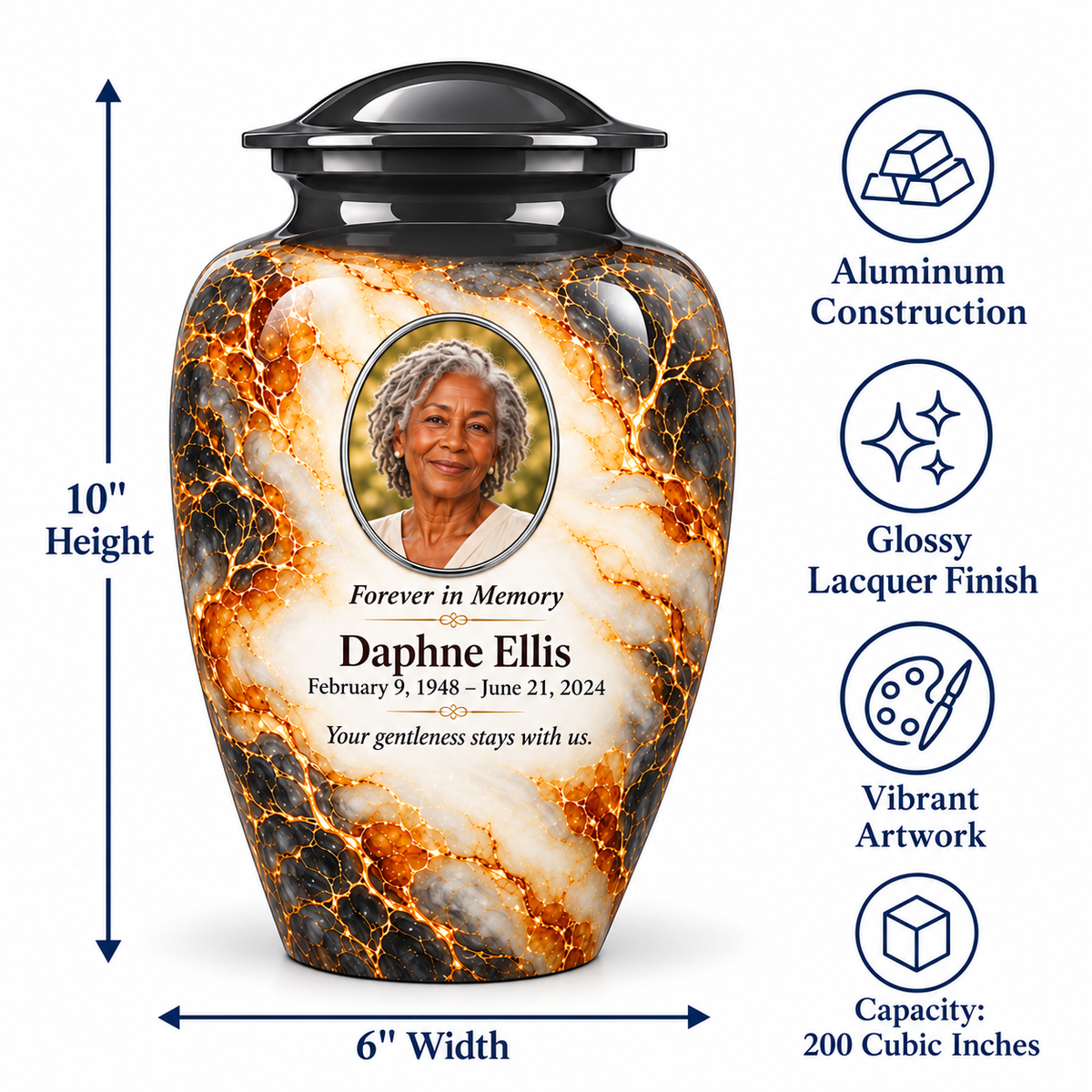 Graphite Amberlace adult urn size guide: 10 inches high, 6 inches wide, 200 cubic inches with fictional sample photo and text.