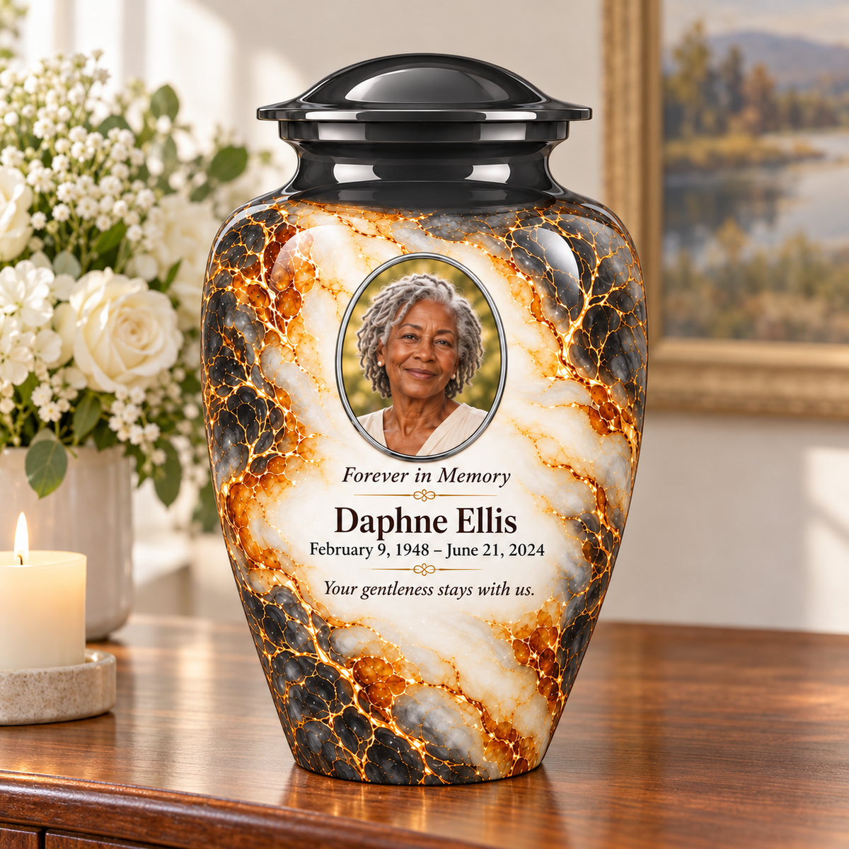 Graphite Amberlace adult urn on a memorial console with fictional sample photo and text.