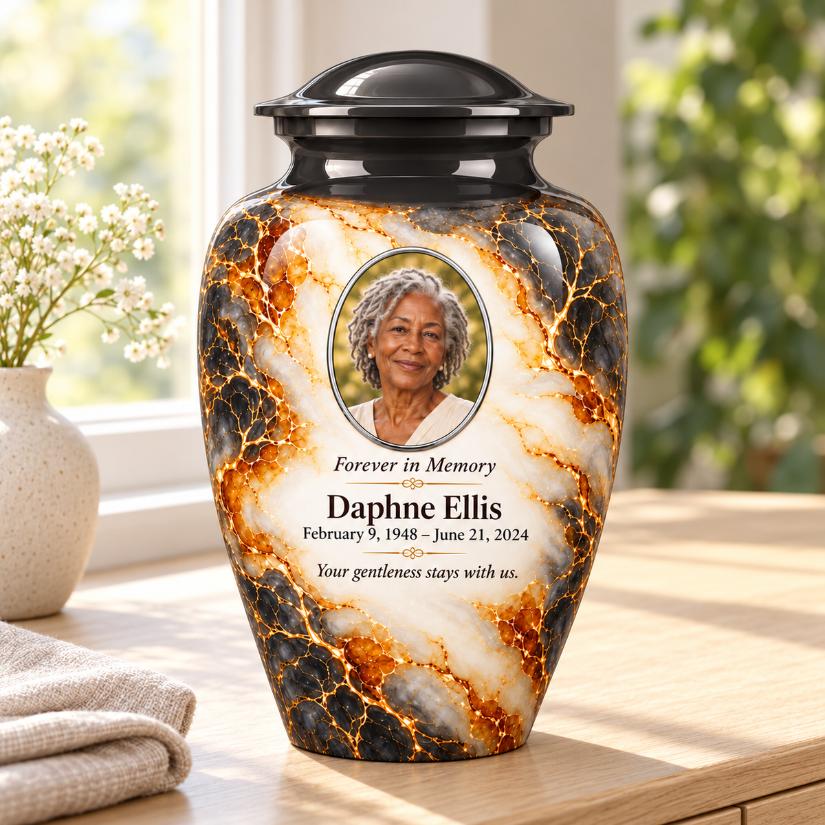 Graphite Amberlace adult urn in a sunlit home with fictional sample photo and text.