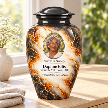 Graphite Amberlace adult urn in a sunlit home with fictional sample photo and text.
