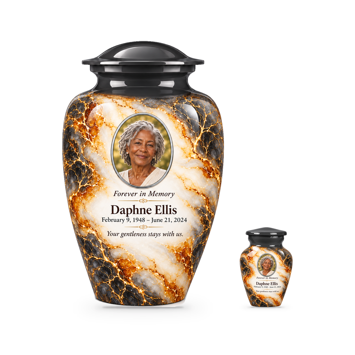 Graphite Amberlace adult urn with one keepsake with fictional sample photo and text.