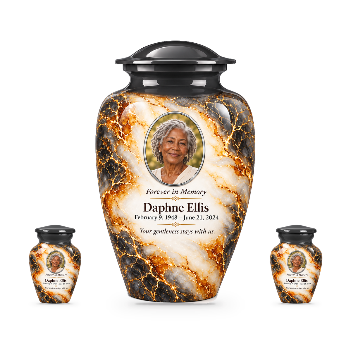 Graphite Amberlace adult urn with two keepsakes with fictional sample photo and text.