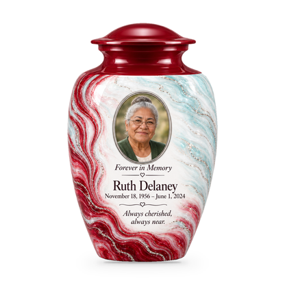 Ruby Rill adult urn with fictional sample photo and text.