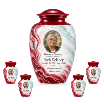 Ruby Rill adult urn with four keepsakes with fictional sample photo and text.
