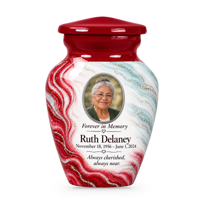 Ruby Rill single keepsake urn with fictional sample photo and text.