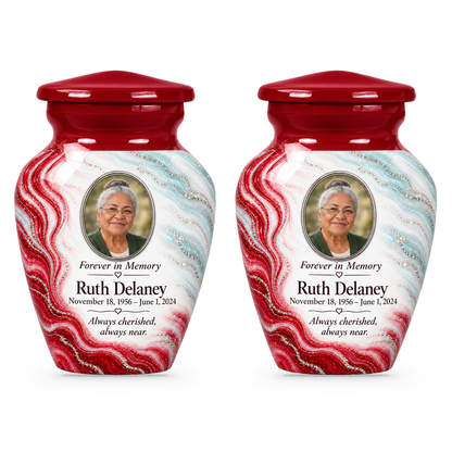 Ruby Rill set of two keepsake urns with fictional sample photo and text.