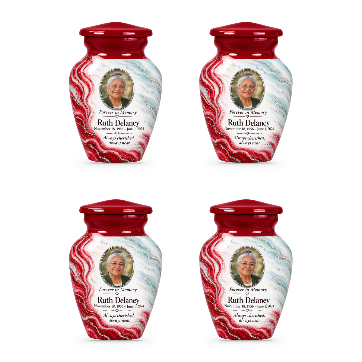 Ruby Rill set of four keepsake urns with fictional sample photo and text.