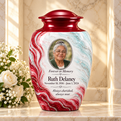 Ruby Rill adult urn in a columbarium setting with fictional sample photo and text.