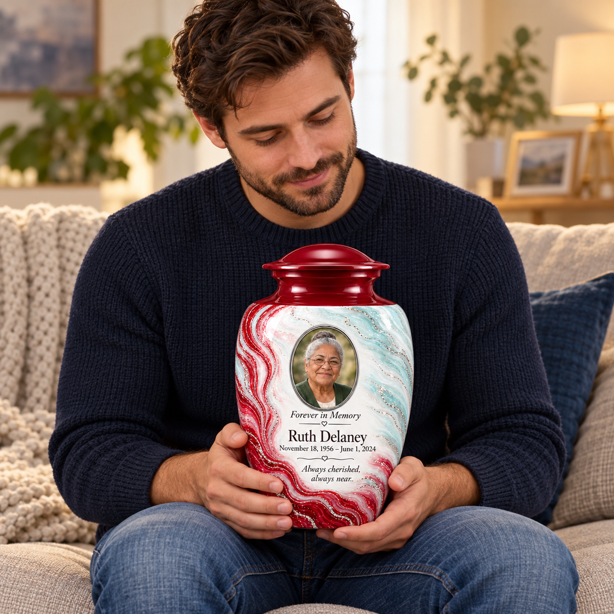 Ruby Rill adult urn held on a lap with fictional sample photo and text.