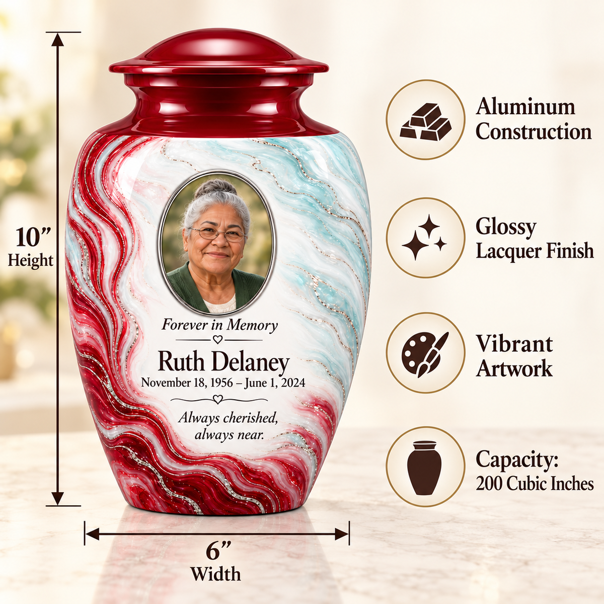 Ruby Rill adult urn size guide: 10 inches high, 6 inches wide, 200 cubic inches with fictional sample photo and text.
