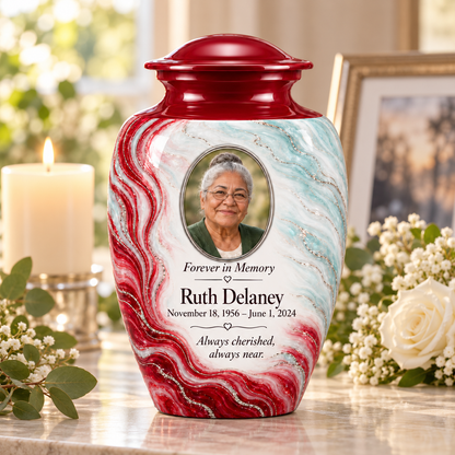 Ruby Rill adult urn on a memorial console with fictional sample photo and text.