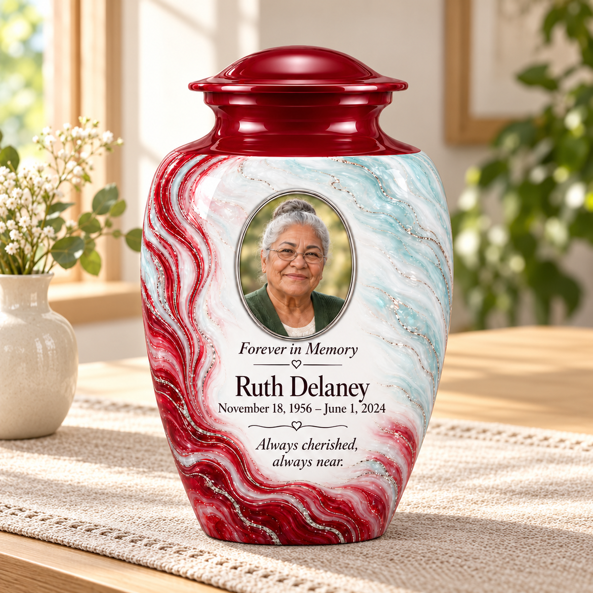 Ruby Rill adult urn in a sunlit home with fictional sample photo and text.
