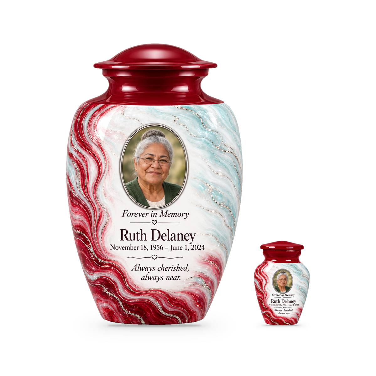 Ruby Rill adult urn with one keepsake with fictional sample photo and text.