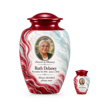 Ruby Rill adult urn with one keepsake with fictional sample photo and text.