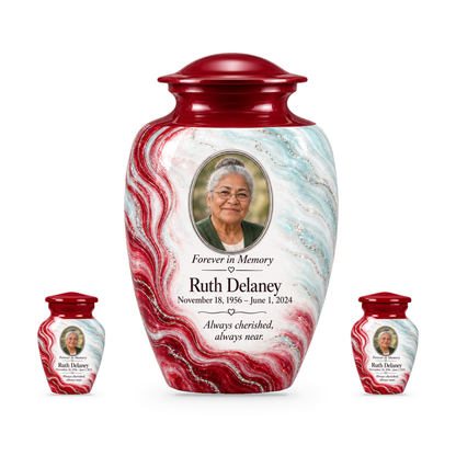 Ruby Rill adult urn with two keepsakes with fictional sample photo and text.