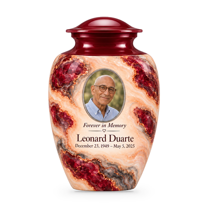 Garnet Archipelago adult urn with fictional sample photo and text.