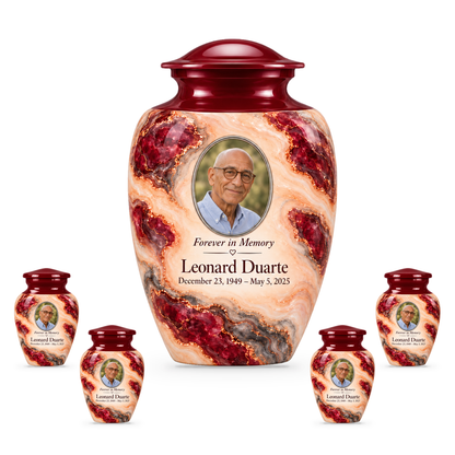 Garnet Archipelago adult urn with four keepsakes with fictional sample photo and text.