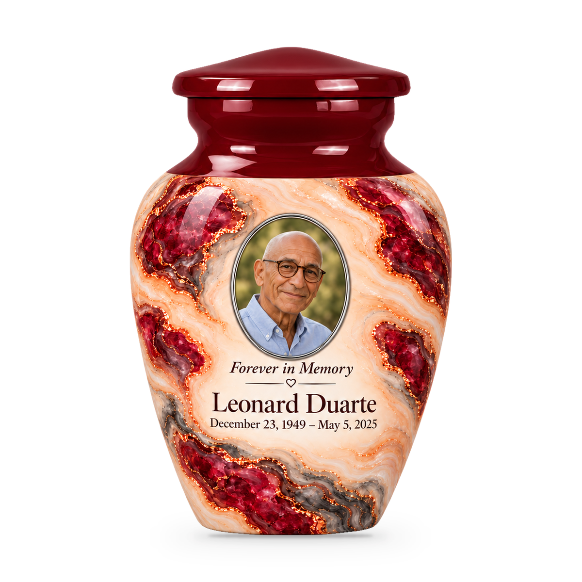 Garnet Archipelago single keepsake urn with fictional sample photo and text.
