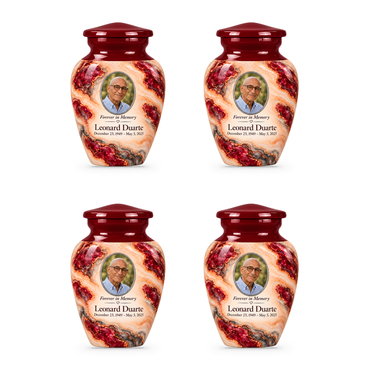 Garnet Archipelago set of four keepsake urns with fictional sample photo and text.