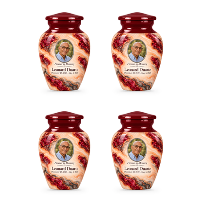 Garnet Archipelago set of four keepsake urns with fictional sample photo and text.