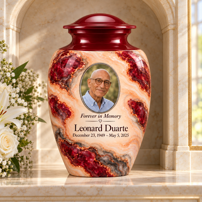 Garnet Archipelago adult urn in a columbarium setting with fictional sample photo and text.