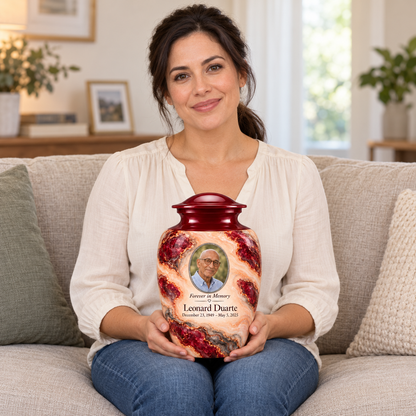Garnet Archipelago adult urn held on a lap with fictional sample photo and text.