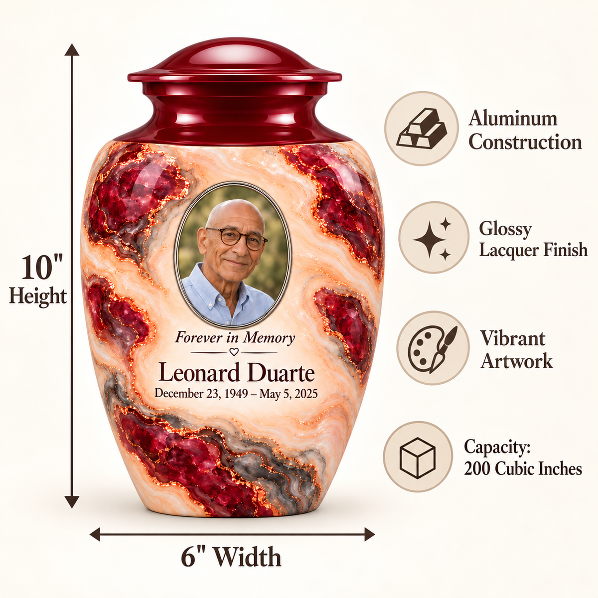 Garnet Archipelago adult urn size guide: 10 inches high, 6 inches wide, 200 cubic inches with fictional sample photo and text.