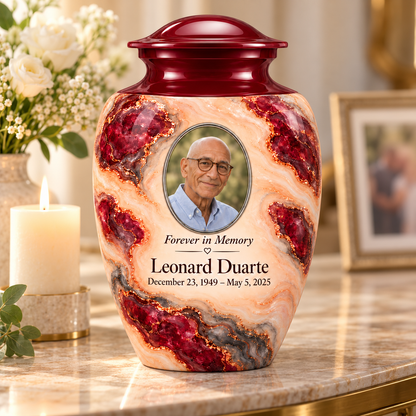 Garnet Archipelago adult urn on a memorial console with fictional sample photo and text.