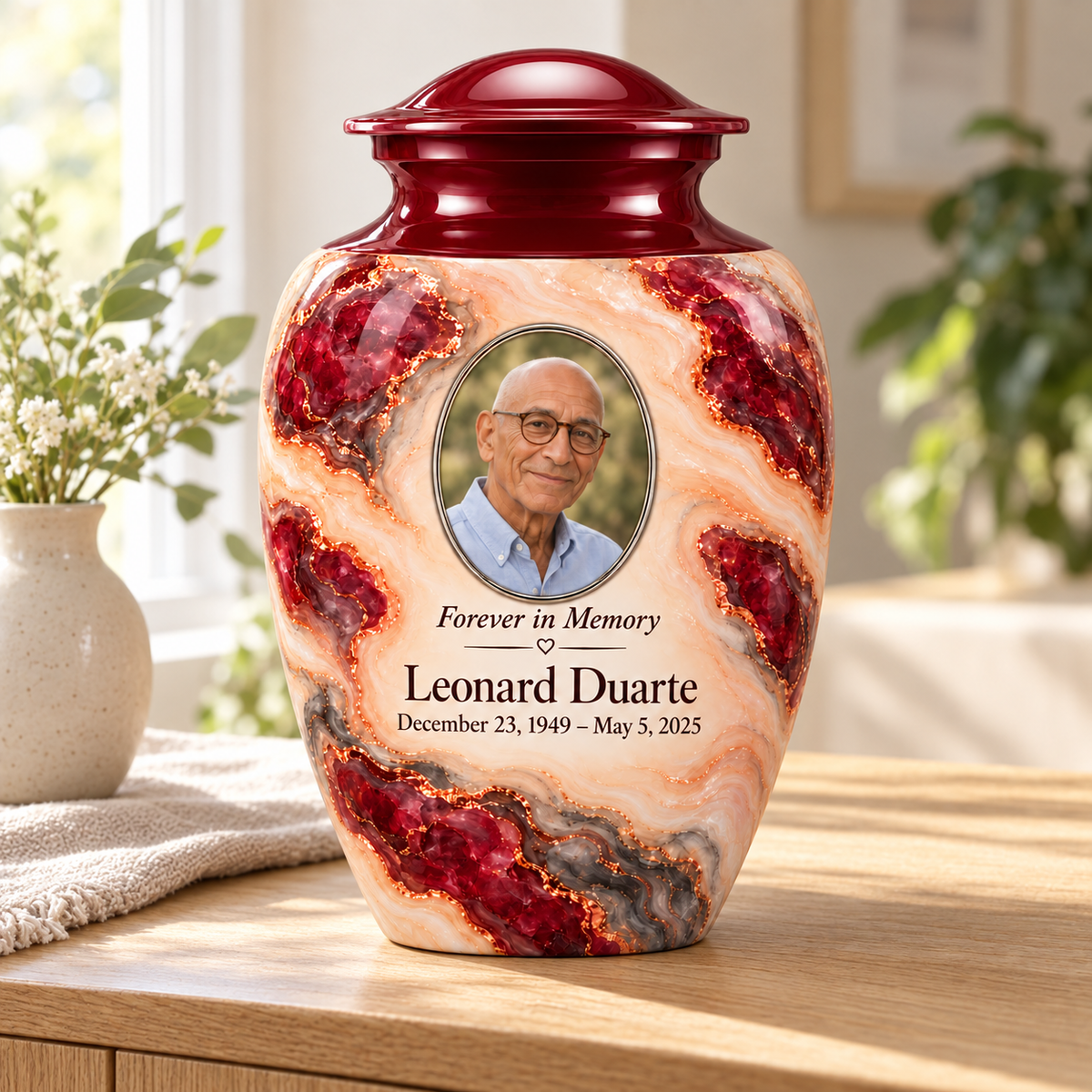 Garnet Archipelago adult urn in a sunlit home with fictional sample photo and text.