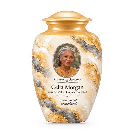 Honey Traverse adult urn with fictional sample photo and text.