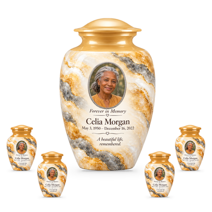 Honey Traverse adult urn with four keepsakes with fictional sample photo and text.
