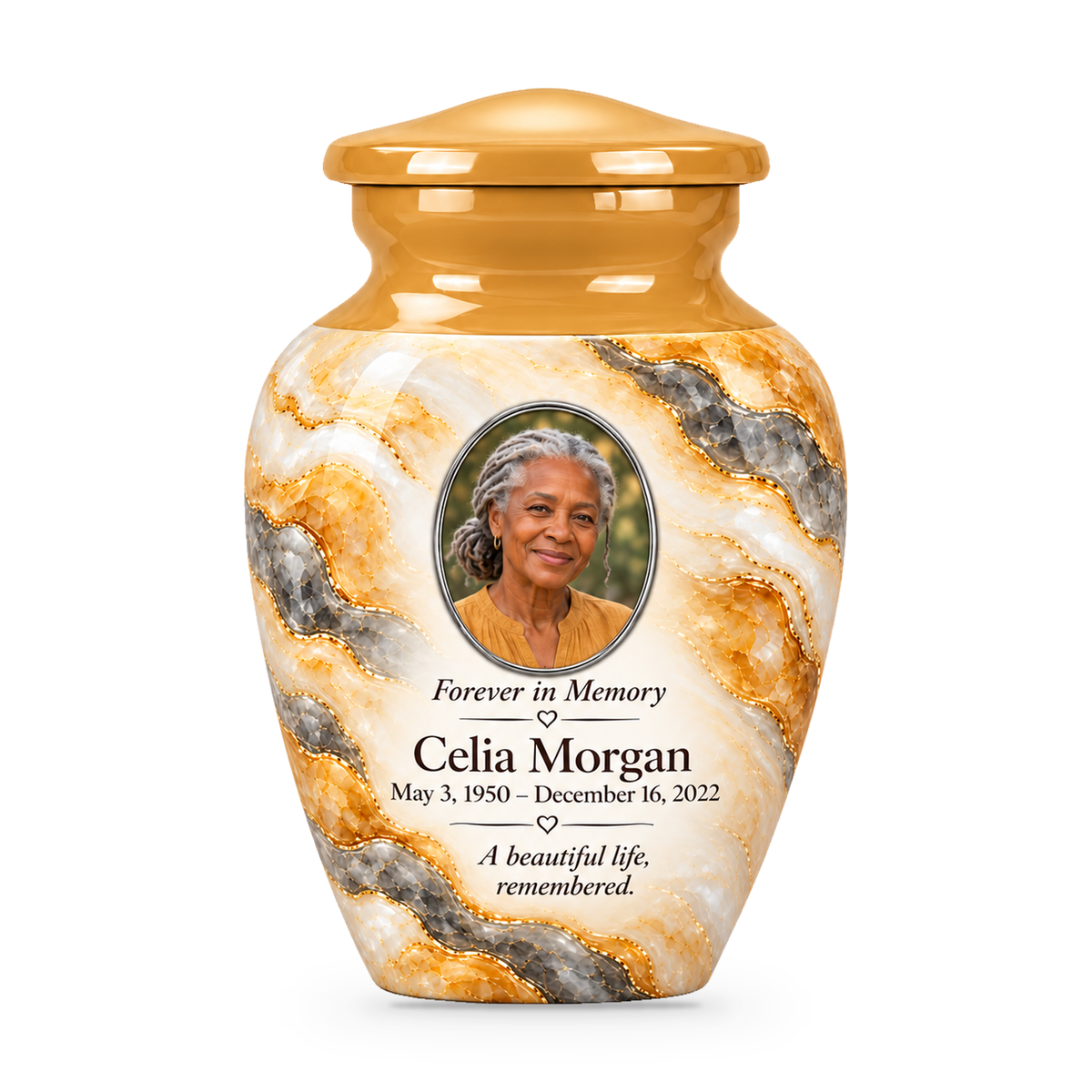 Honey Traverse single keepsake urn with fictional sample photo and text.