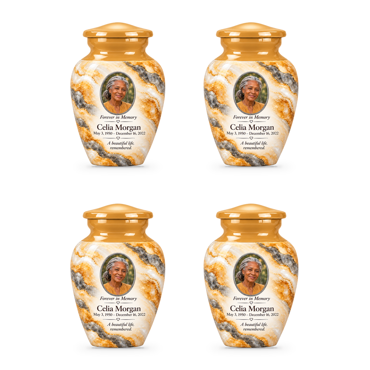 Honey Traverse set of four keepsake urns with fictional sample photo and text.