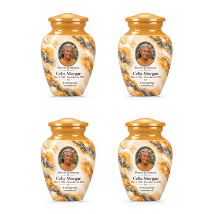 Honey Traverse set of four keepsake urns with fictional sample photo and text.